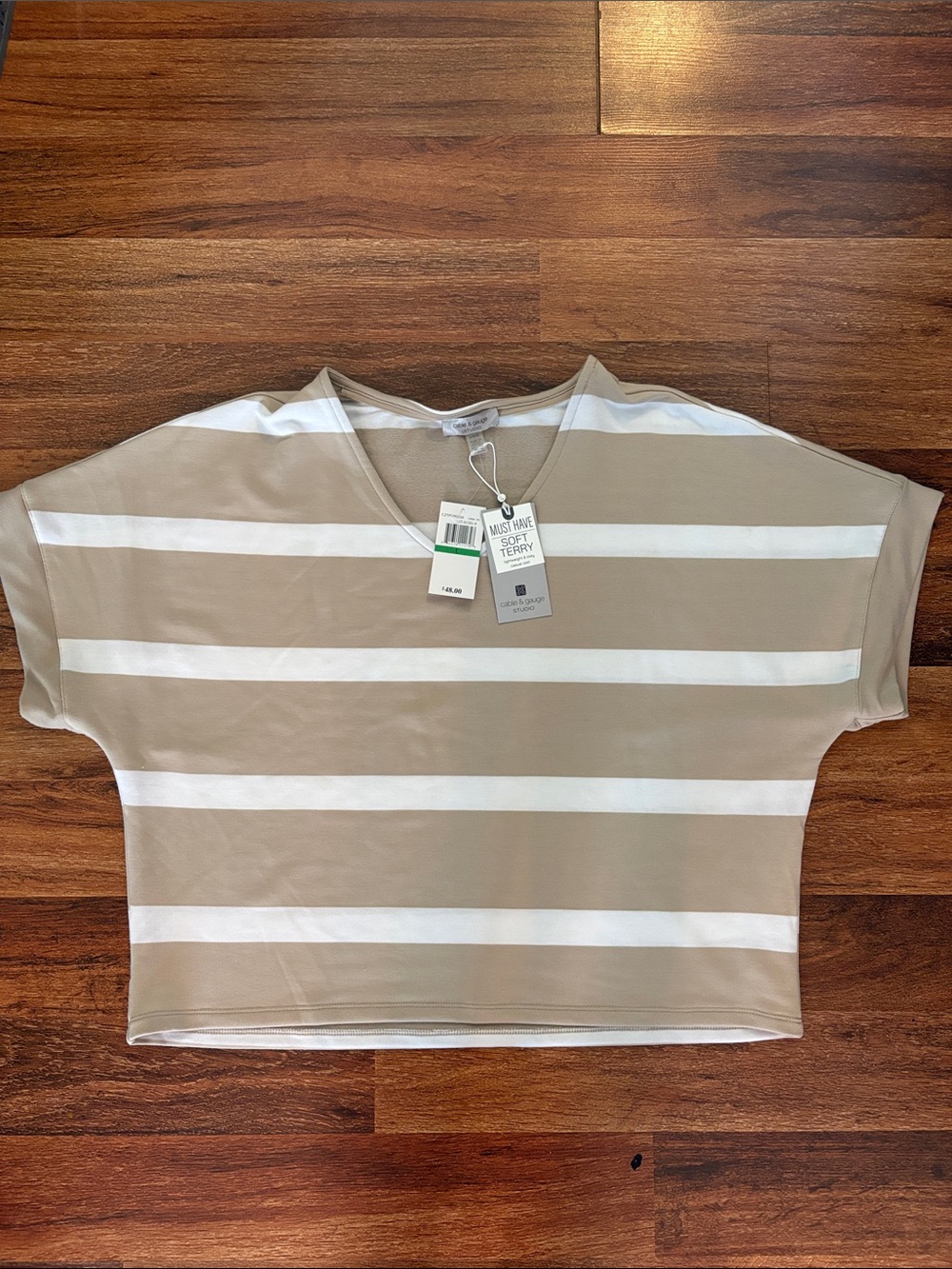 Cable & Gauge Taupe and White Striped V-Neck Crop Top